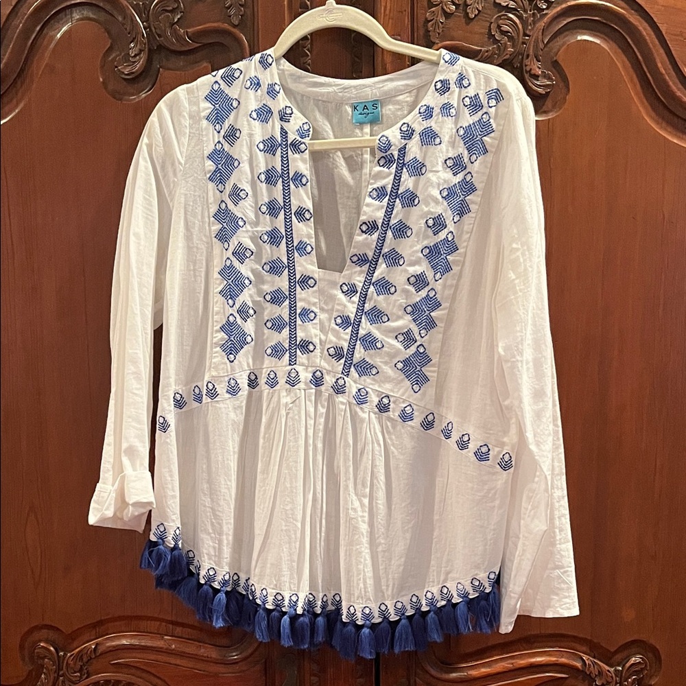 Elegant White Tunic with Blue Embroidery
